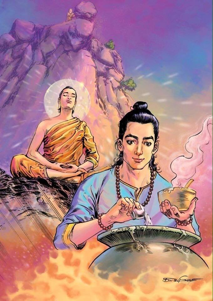 Thần y Jivaka Komarabhacca, bác sĩ thường trực của Đức Phật chế thuốc chữa cho Ngài đến lúc khỏi bệnh.